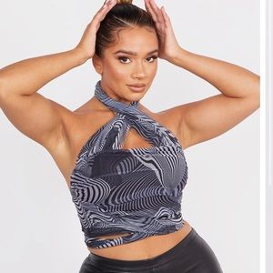 Swirl Print Mesh Halterneck Crop Top